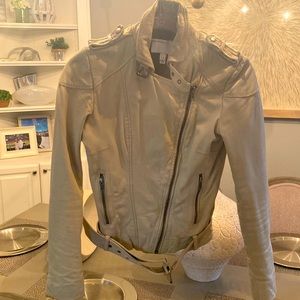 Muubaa Lamb skin leather Moto jacket with buckle collar and belt .